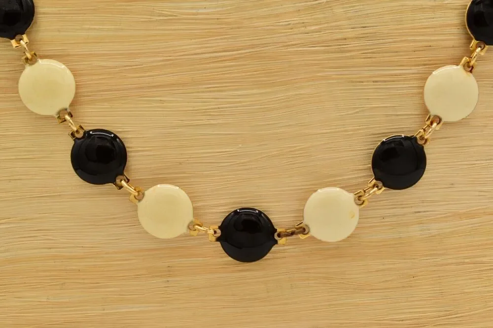 Vintage Black White Necklace Enamel Chain Gold Round Dot Circle Linked BinA17